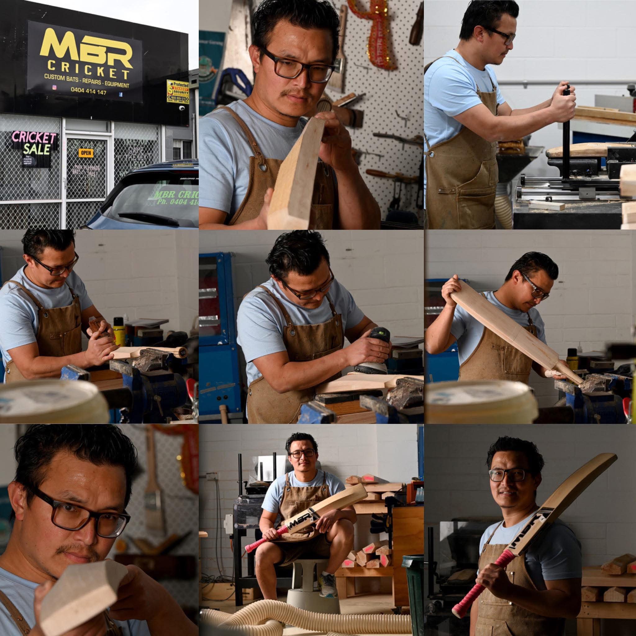 Raj Kumar Gurung handcrafting MBR cricket bats in the South Geelong workshop